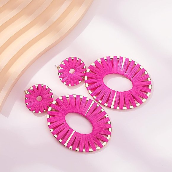 Statement Raffia Earrings Boho Drop Dangle Earrings for Women Handmade F… - Picture 4 of 16